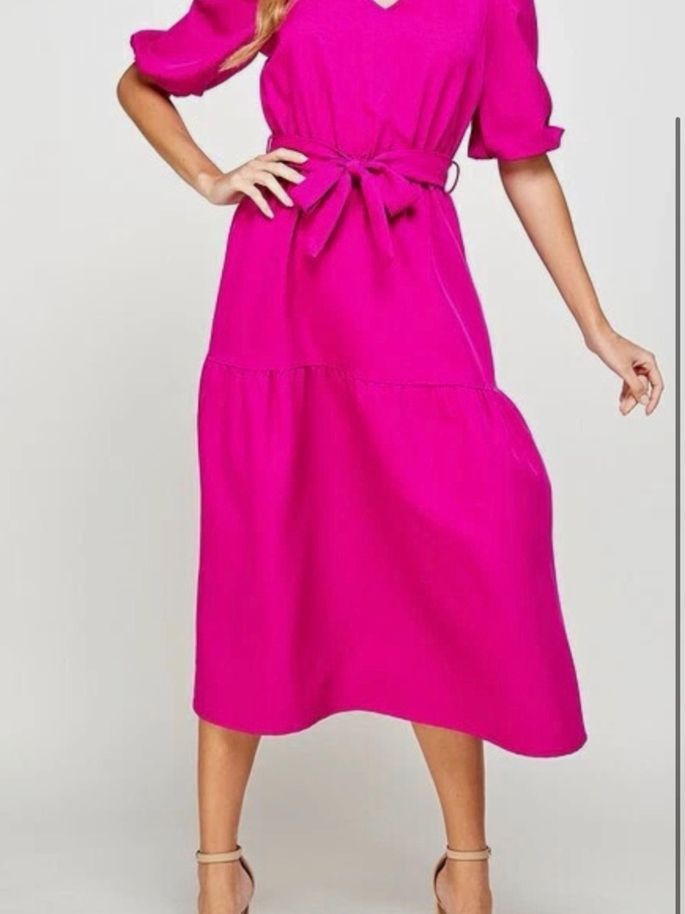 NWOT DKNY Fuchsia V-Neck Tiered Short-Sleeve Dress